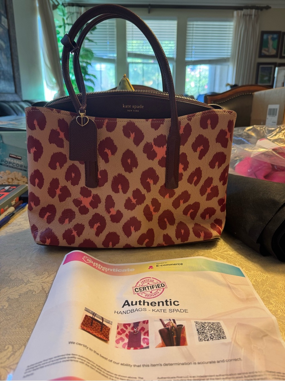 Kate Spade Margaux Leopard Large Satchel Pink Burgundy Leather + COA